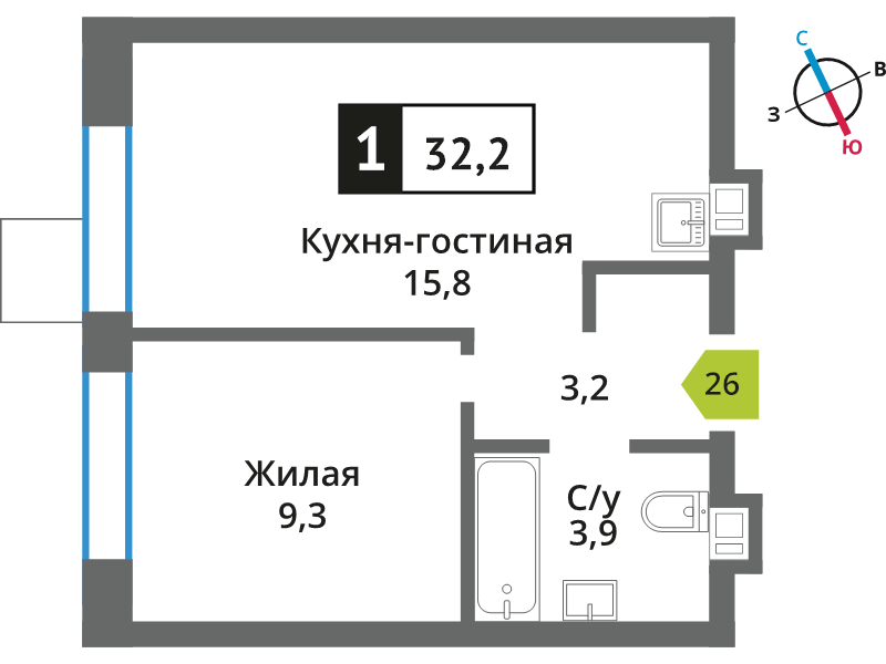2 ккв (Евро) 32,2 м²