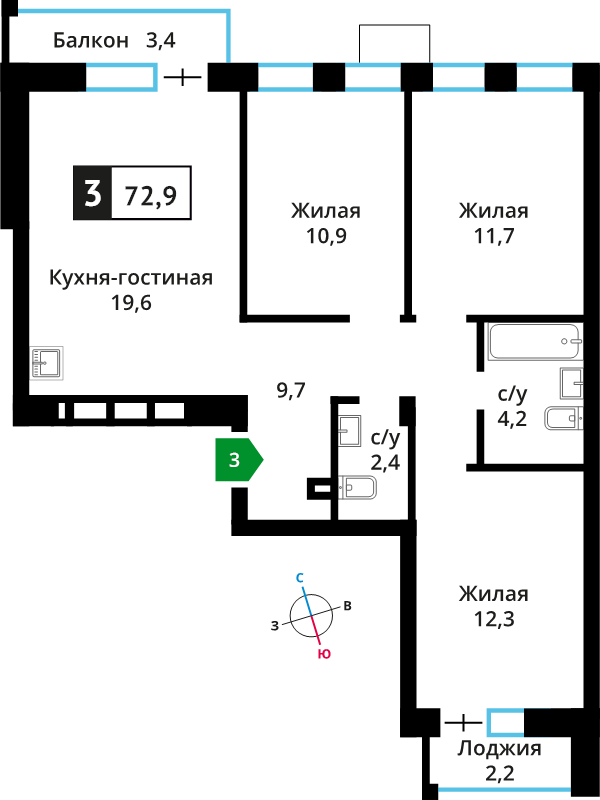 4 ккв (Евро) 71,3 м²