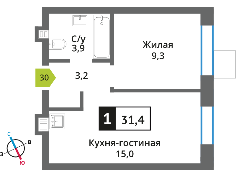 2 ккв (Евро) 31,4 м²