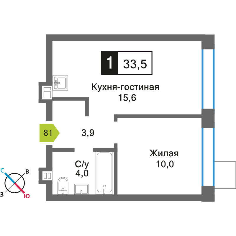 2 ккв (Евро) 33,5 м²