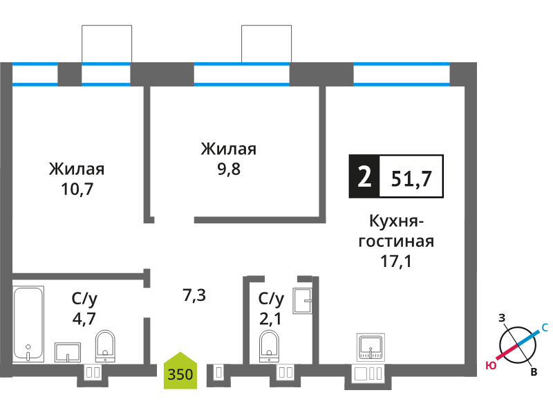 3 ккв (Евро) 51,7 м²