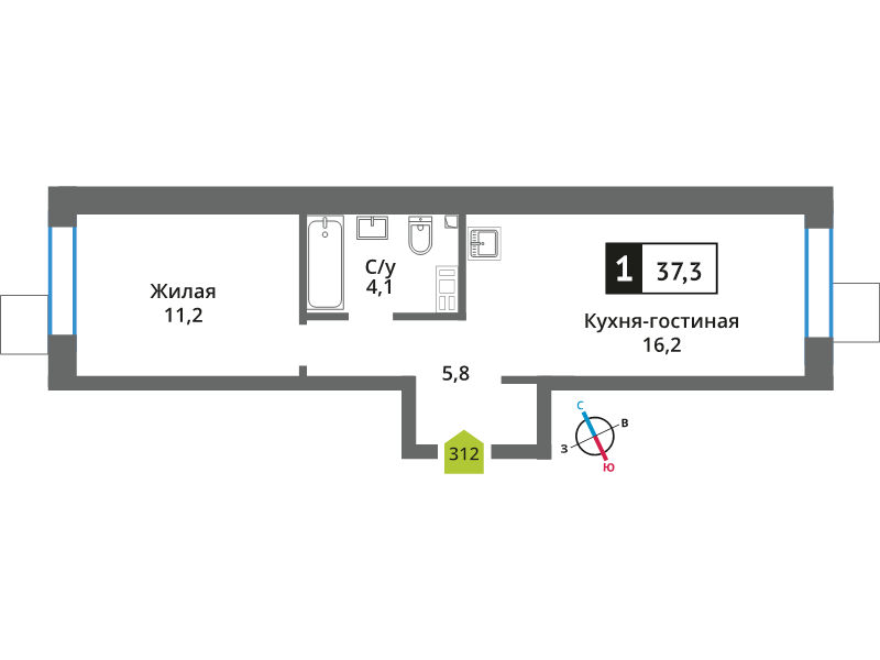 2 ккв (Евро) 37,3 м²
