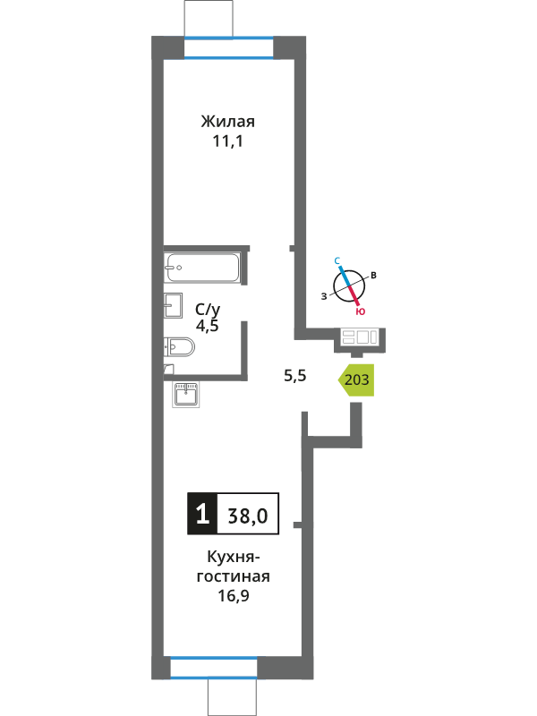 2 ккв (Евро) 38 м²
