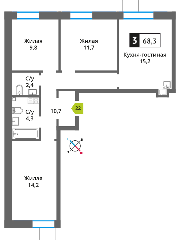 4 ккв (Евро) 68,3 м²