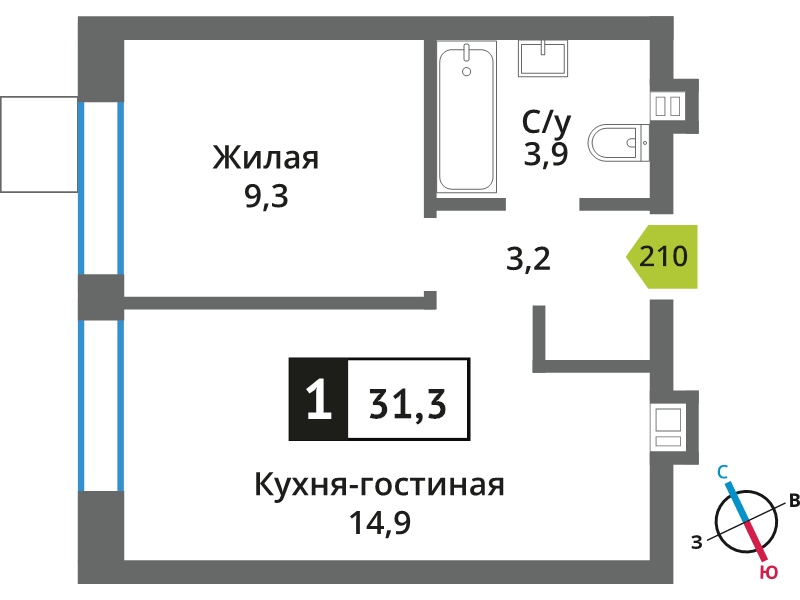 2 ккв (Евро) 31,3 м²