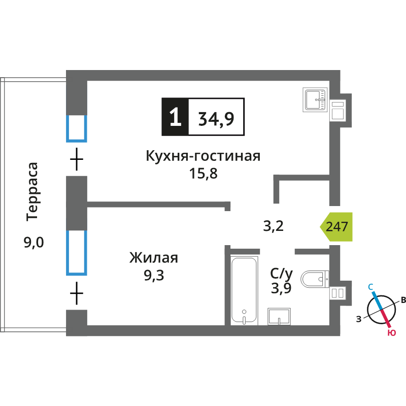 2 ккв (Евро) 34,9 м²