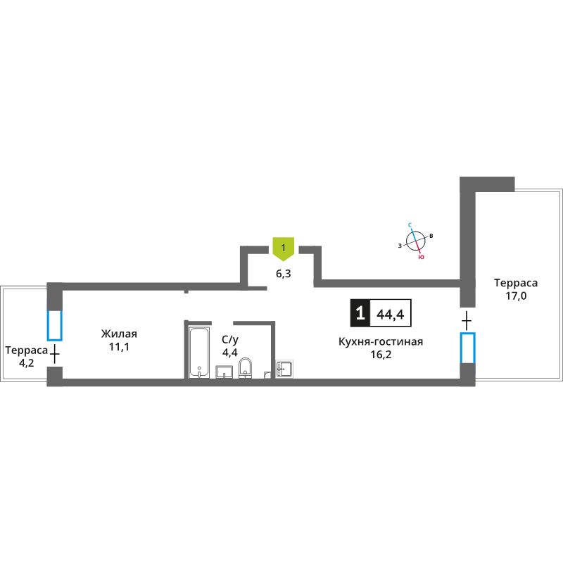 2 ккв (Евро) 44,4 м²