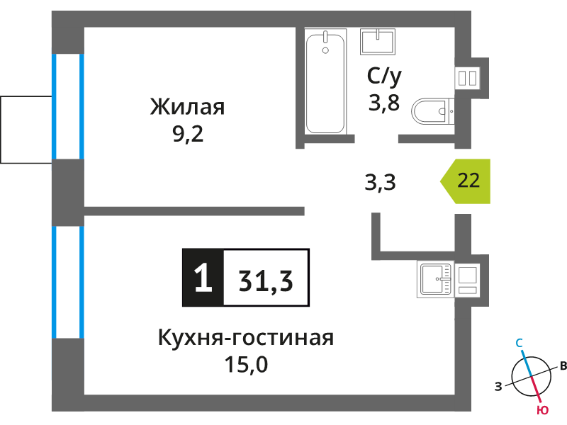 2 ккв (Евро) 31,3 м²