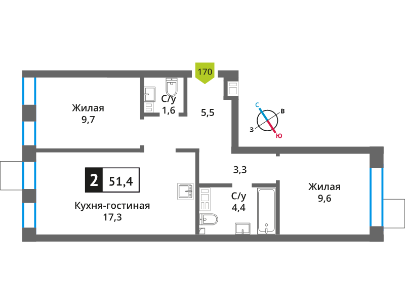 3 ккв (Евро) 51,4 м²
