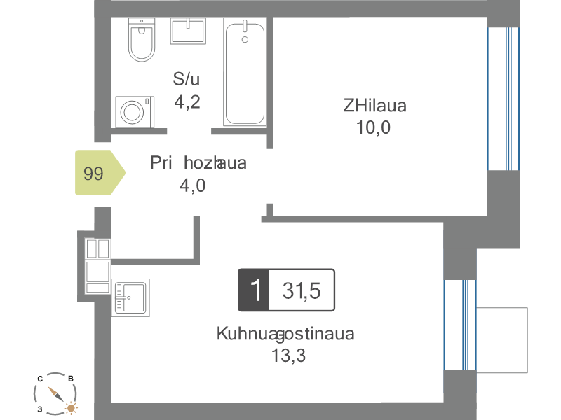 1 ккв 31,5 м²