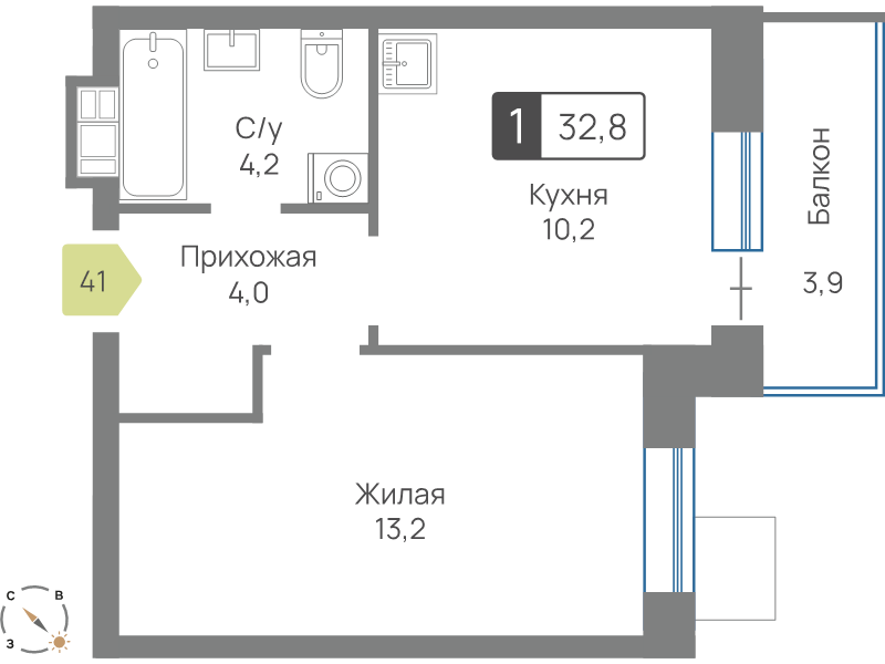 1 ккв 32,8 м²