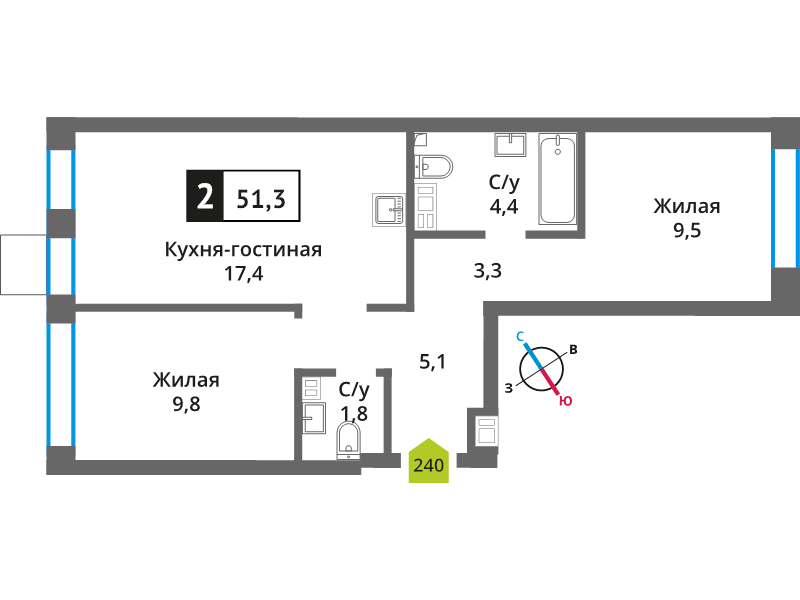 3 ккв (Евро) 51,3 м²