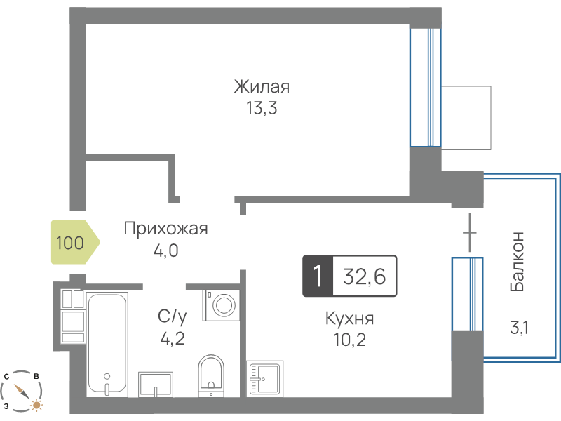 1 ккв 32,6 м²