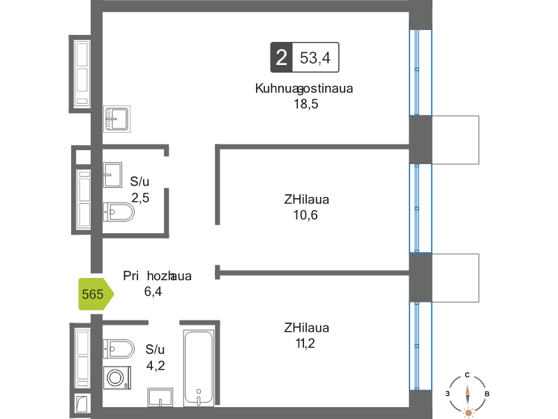 3 ккв (Евро) 53,4 м²