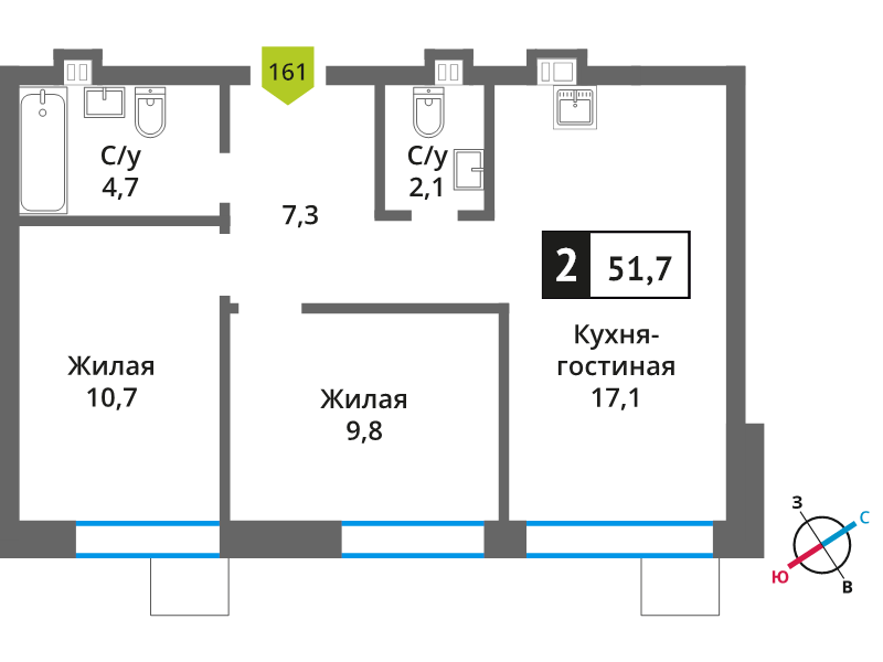 3 ккв (Евро) 51,7 м²