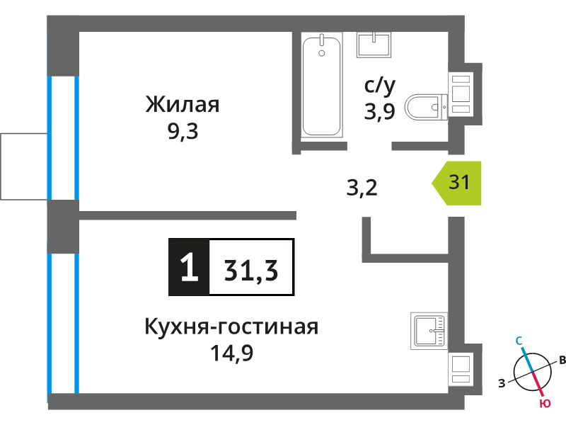 2 ккв (Евро) 31,3 м²