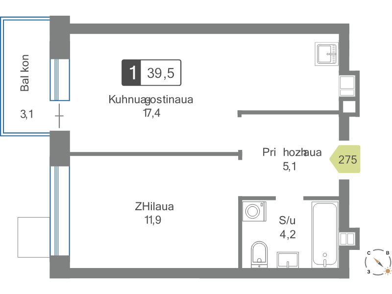 2 ккв (Евро) 39,5 м²