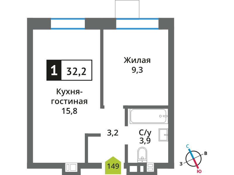 2 ккв (Евро) 32,2 м²