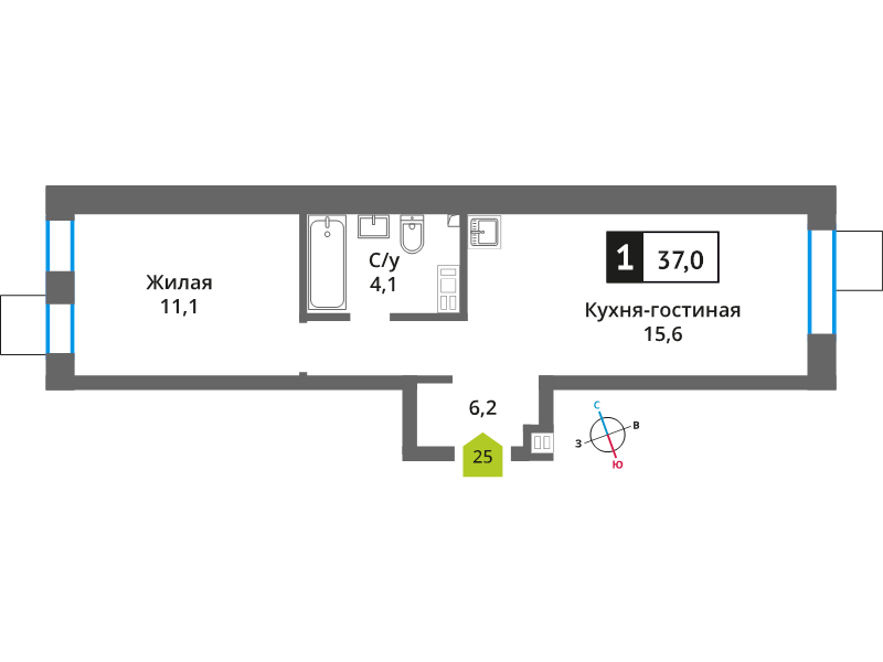 2 ккв (Евро) 37 м²