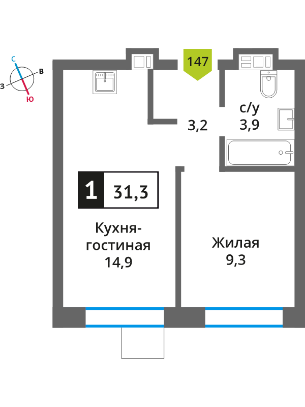 2 ккв (Евро) 31,3 м²