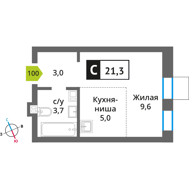 Студия 21,3 м²