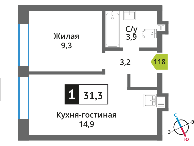 2 ккв (Евро) 31,3 м²