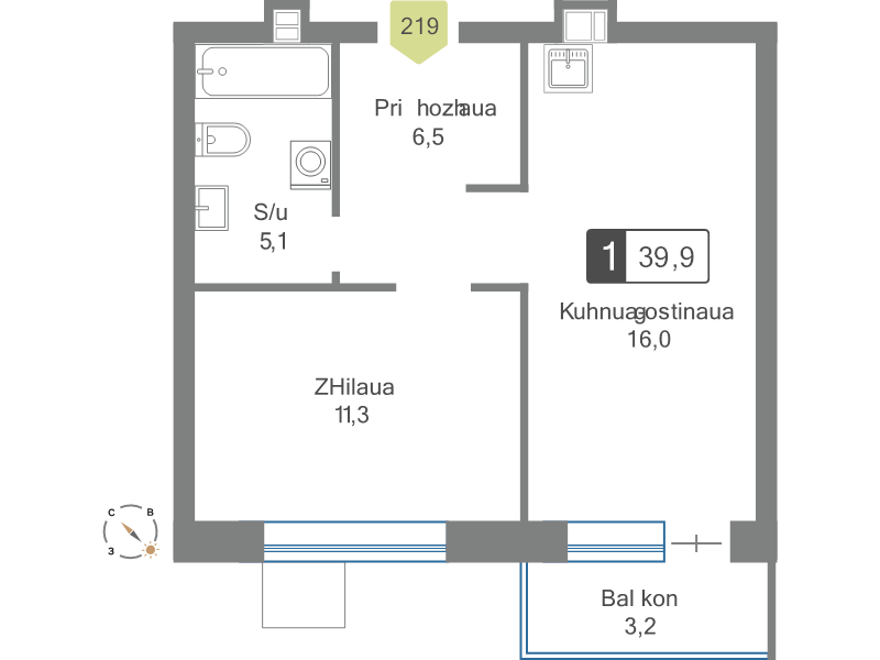2 ккв (Евро) 39,9 м²