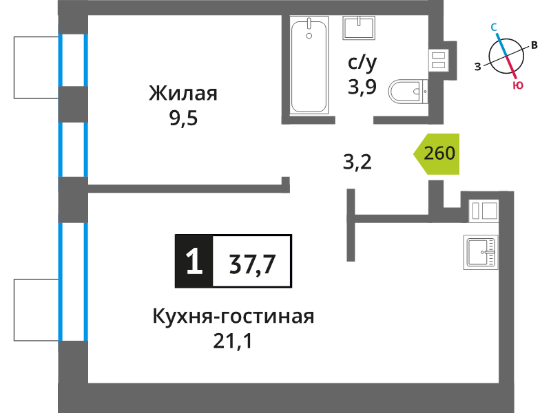 2 ккв (Евро) 37,7 м²