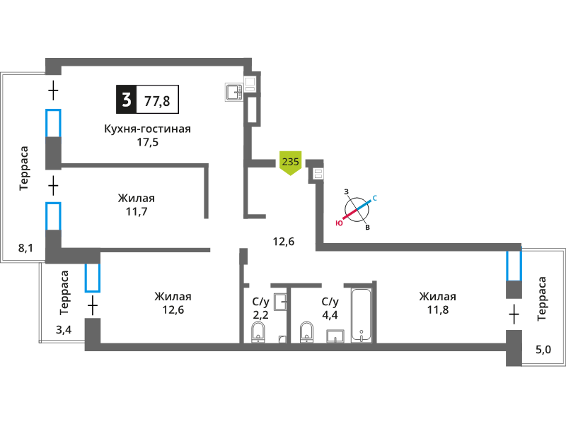 4 ккв (Евро) 77,8 м²