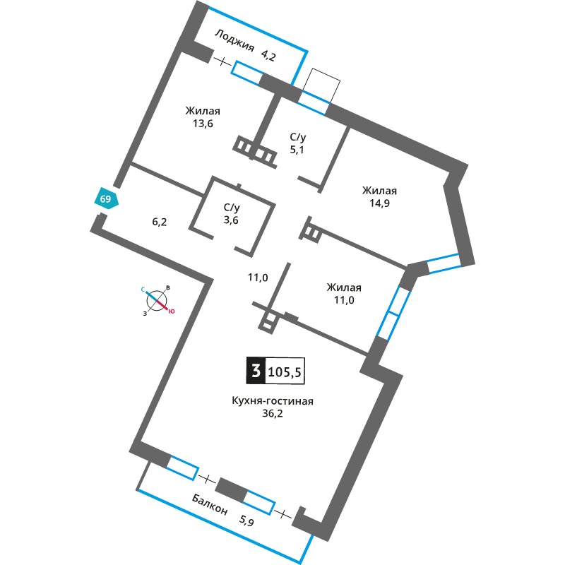 4 ккв (Евро) 101,8 м²