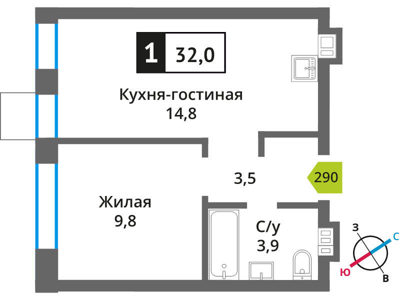 1 ккв 32 м²