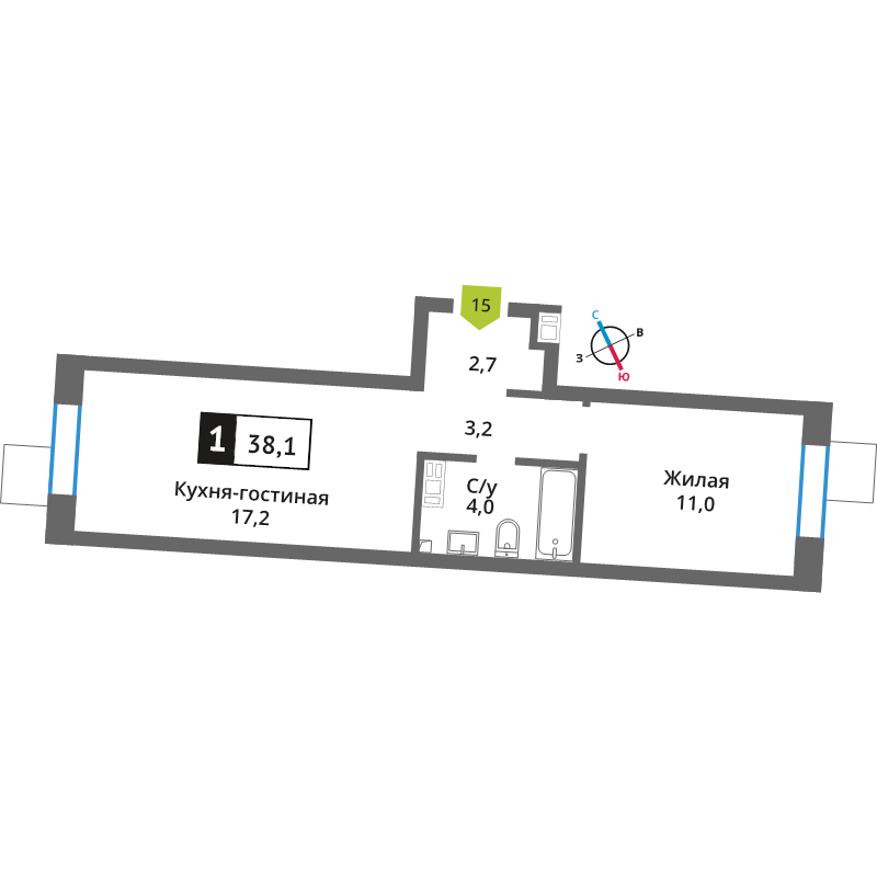2 ккв (Евро) 38,1 м²