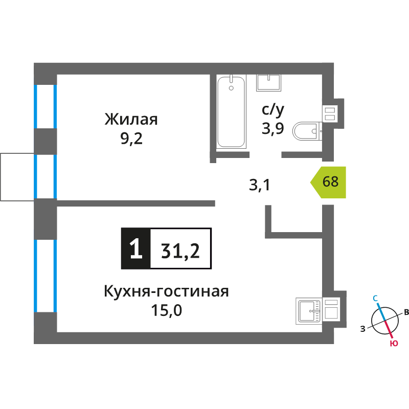 2 ккв (Евро) 31,2 м²
