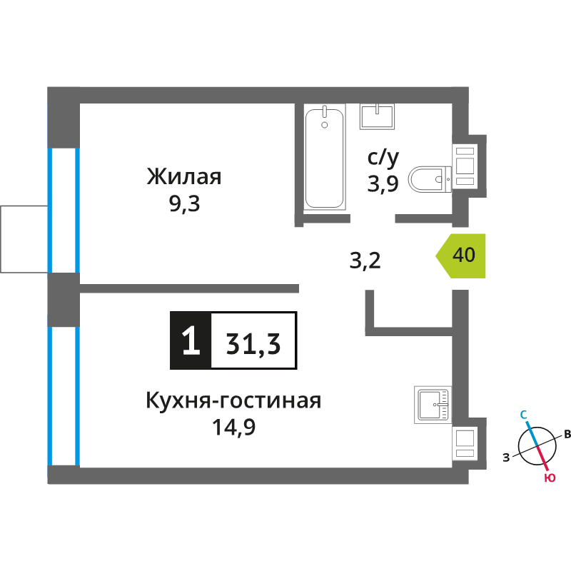 2 ккв (Евро) 31,3 м²