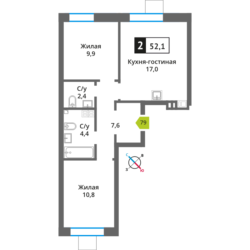 3 ккв (Евро) 52,1 м²