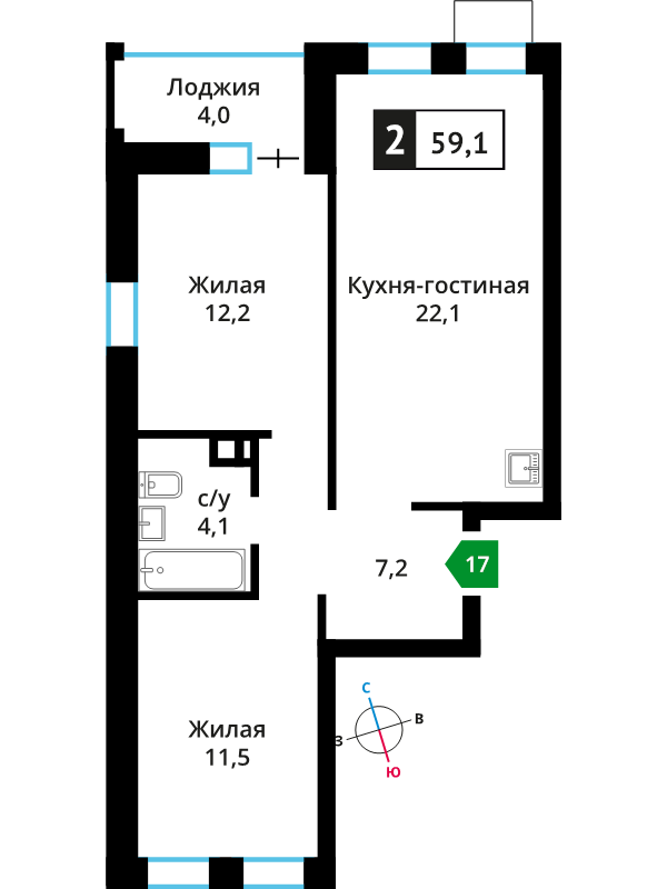 3 ккв (Евро) 57,2 м²