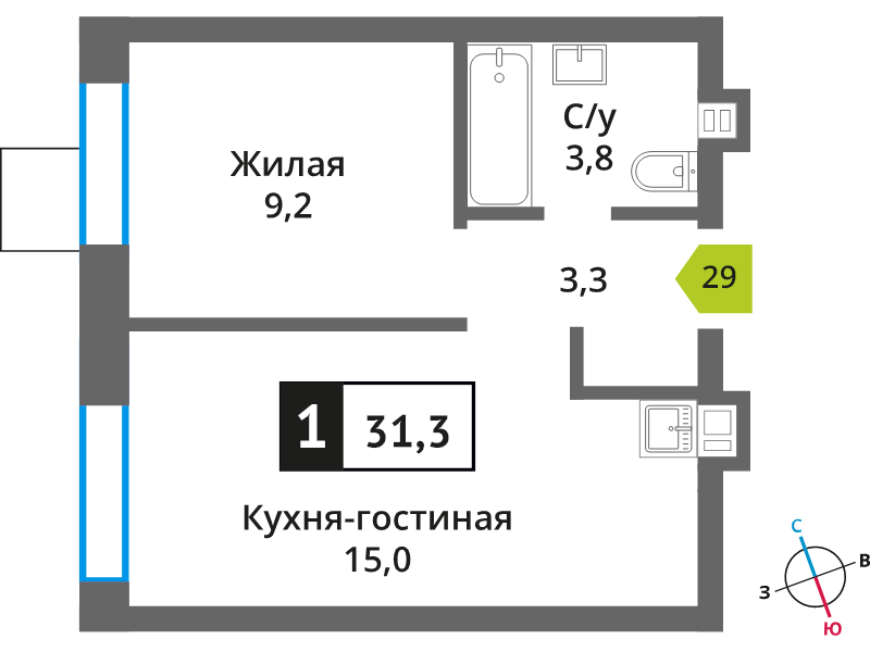 2 ккв (Евро) 31,3 м²