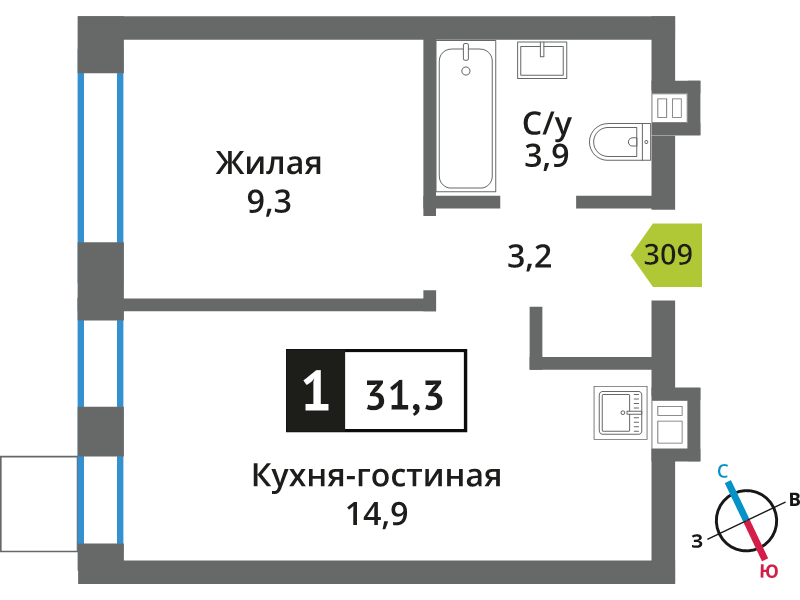 2 ккв (Евро) 31,3 м²