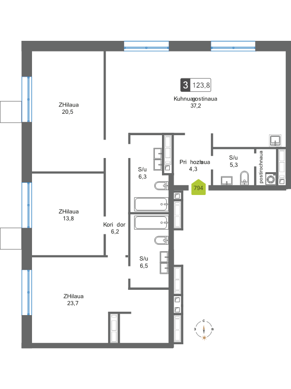 4 ккв (Евро) 123,8 м²