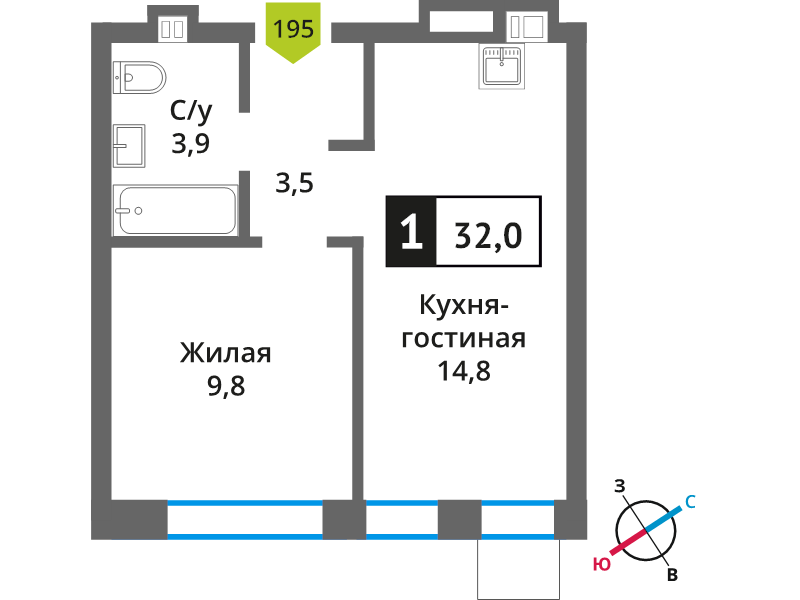 1 ккв 32 м²