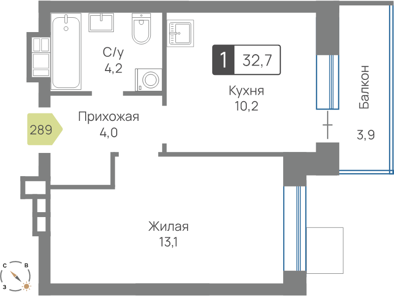 1 ккв 32,7 м²