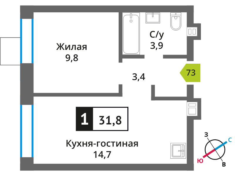 1 ккв 31,8 м²