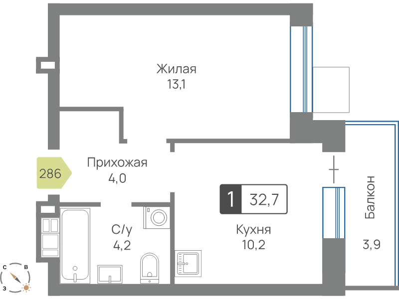 1 ккв 32,7 м²
