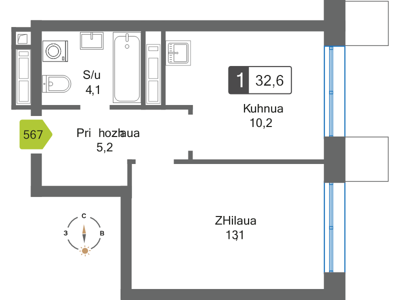 1 ккв 32,6 м²