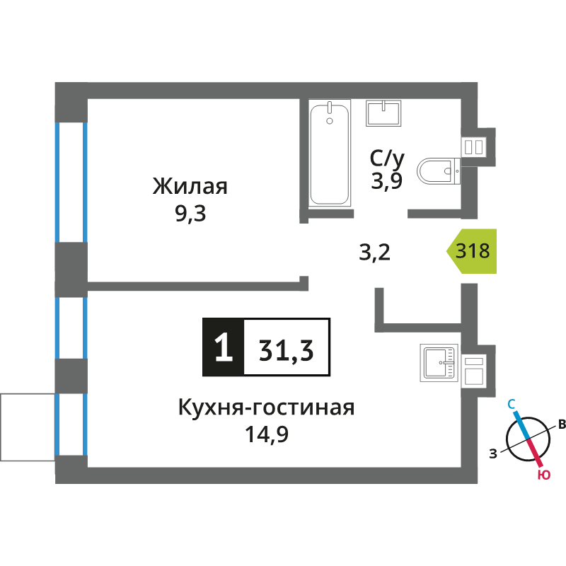 2 ккв (Евро) 31,3 м²