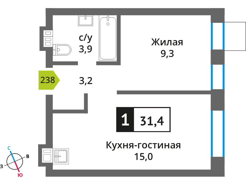 2 ккв (Евро) 31,4 м²