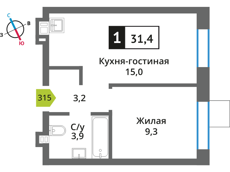 2 ккв (Евро) 31,4 м²