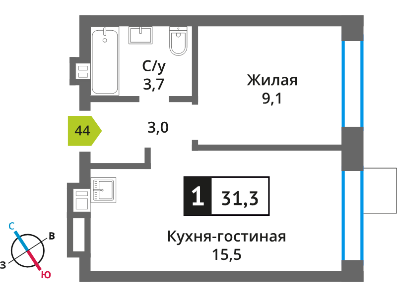2 ккв (Евро) 31,3 м²
