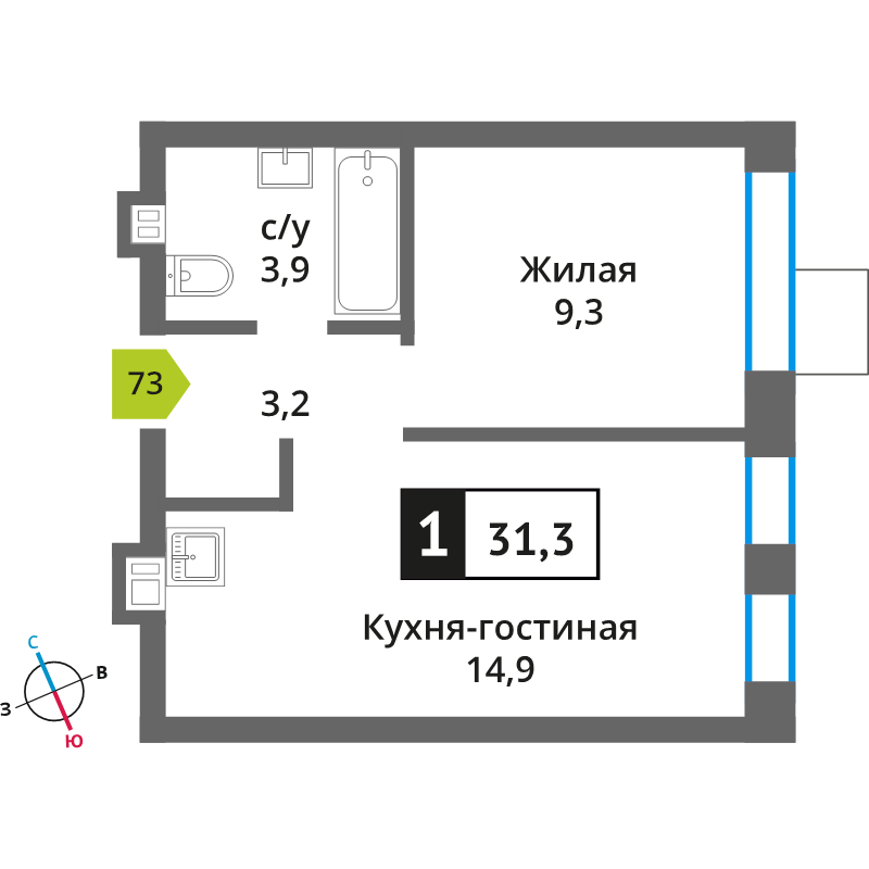 2 ккв (Евро) 31,3 м²