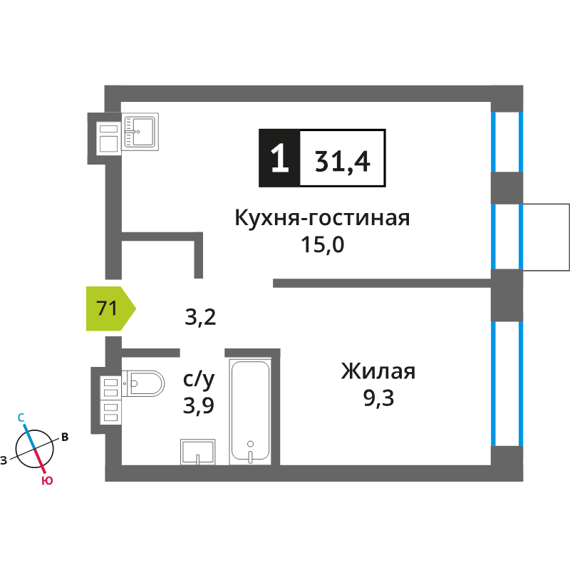 2 ккв (Евро) 31,4 м²